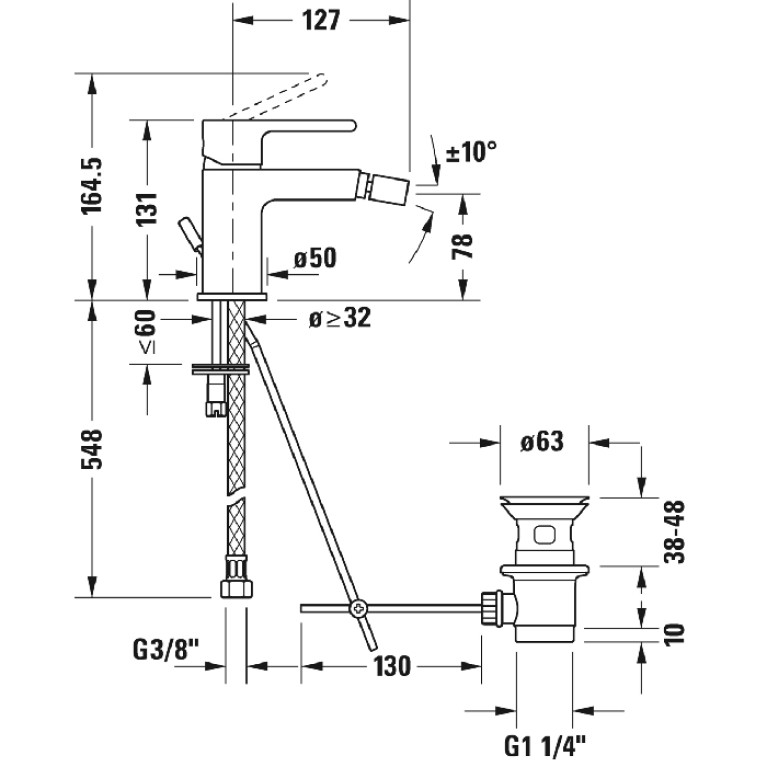 Duravit B.2 Смеситель для биде с донным клапаном, на 1 отв., излив 127мм, цвет: хром