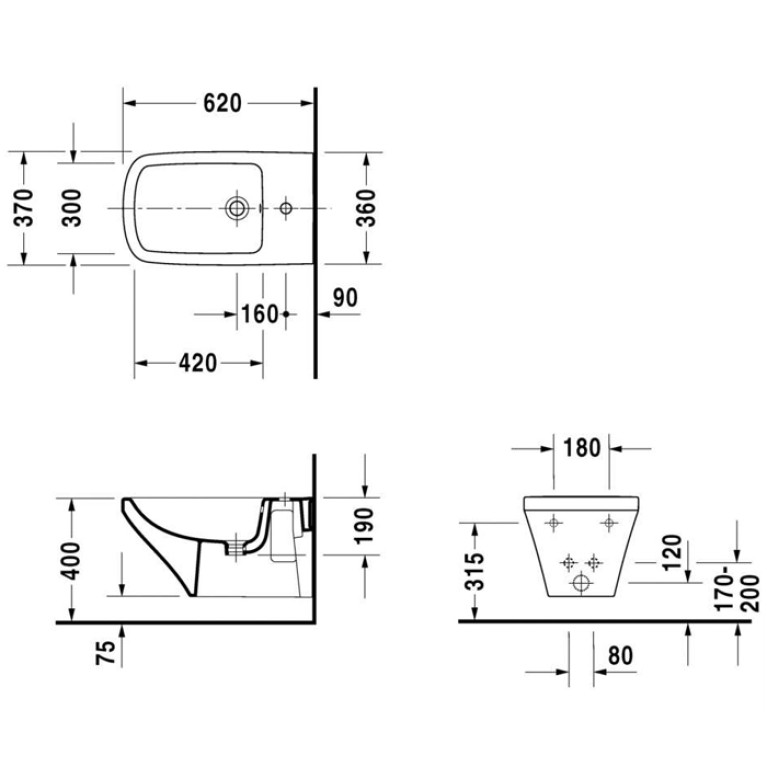 Duravit DuraStyle Биде  подвесное 620х370 мм, с 1 отв под смеситель.  с креплением,  цвет белый