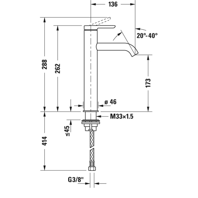 Duravit C.1 Смеситель для раковины на 1 отв. высокий h=262 мм, излив 136мм, цвет: хром