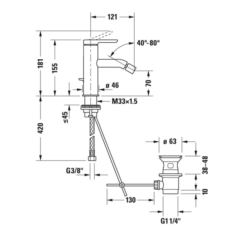 Duravit C.1 Смеситель для биде с донным клапаном, на 1 отв.,  излив 121мм, цвет: хром