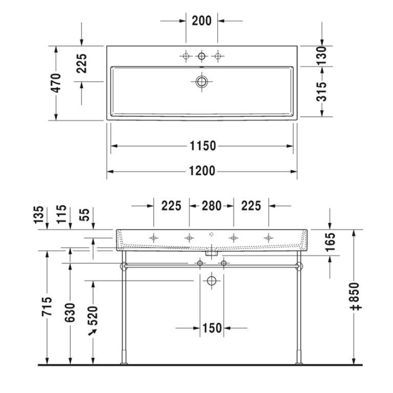 Duravit Vero Air Раковина 120 cm,  без перелива, с площадкой, с площадкой, с 2 отв. под смеситель, Цвет белый