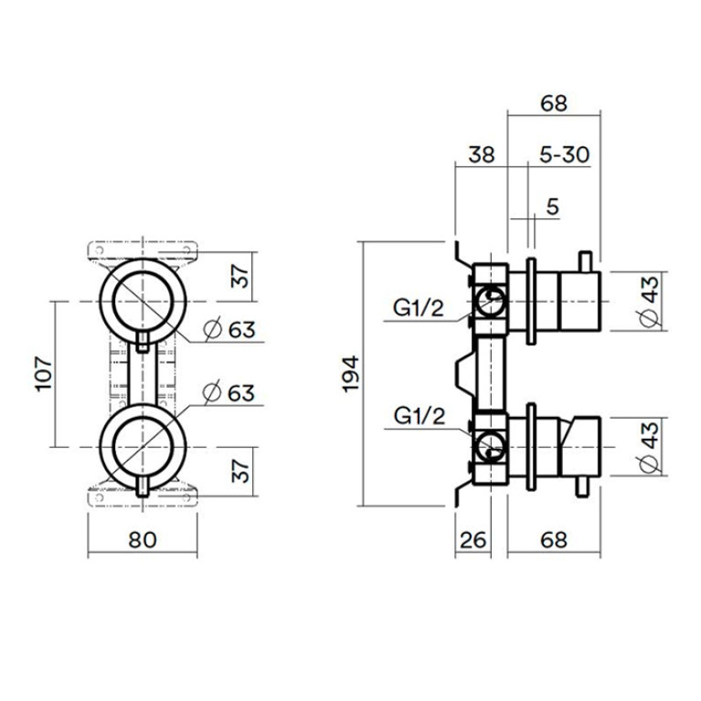 QuadroDesign IN047OC Встроенная часть для смесителя на 2 потока, Light Gold PVD