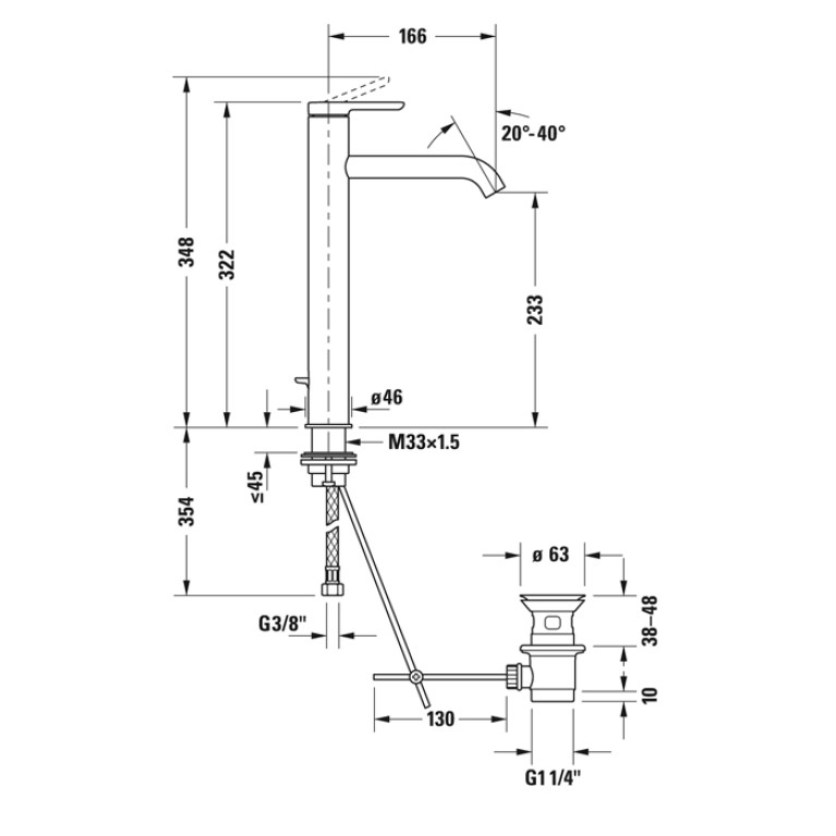 Duravit C.1 Смеситель для раковины на 1 отв. высокий h=322 мм, с донным клапаном, излив 166мм, цвет: хром