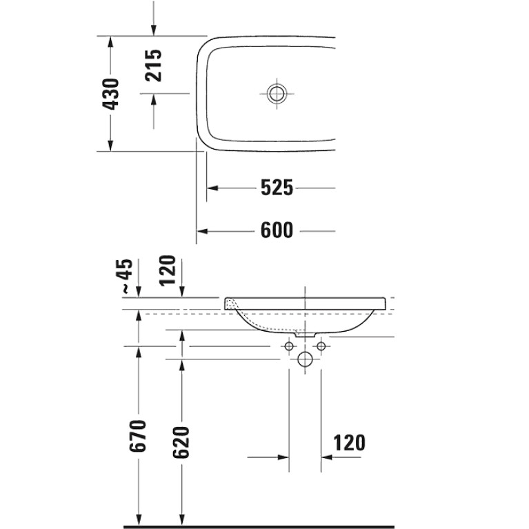 Duravit DuraStyle Раковина встр., для встраивания сверху, без перелива, без площадки под смес., 600x430мм, цвет: белый (Спец.цена из наличия)