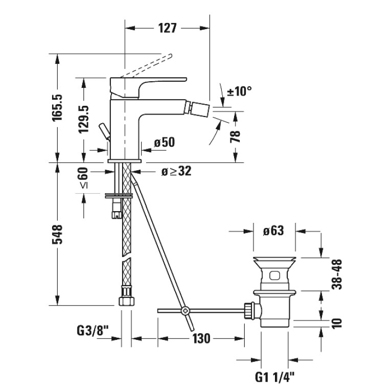 Duravit B.1 Смеситель для биде с донным клапаном, на 1 отв., излив 127мм, цвет: хром