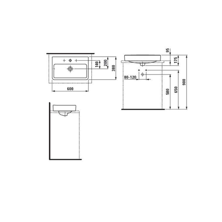 LAUFEN Pro S Раковина укороченная, для установки на поверхность, 600x380x95 мм, отверстие для смесителя по центру, белый