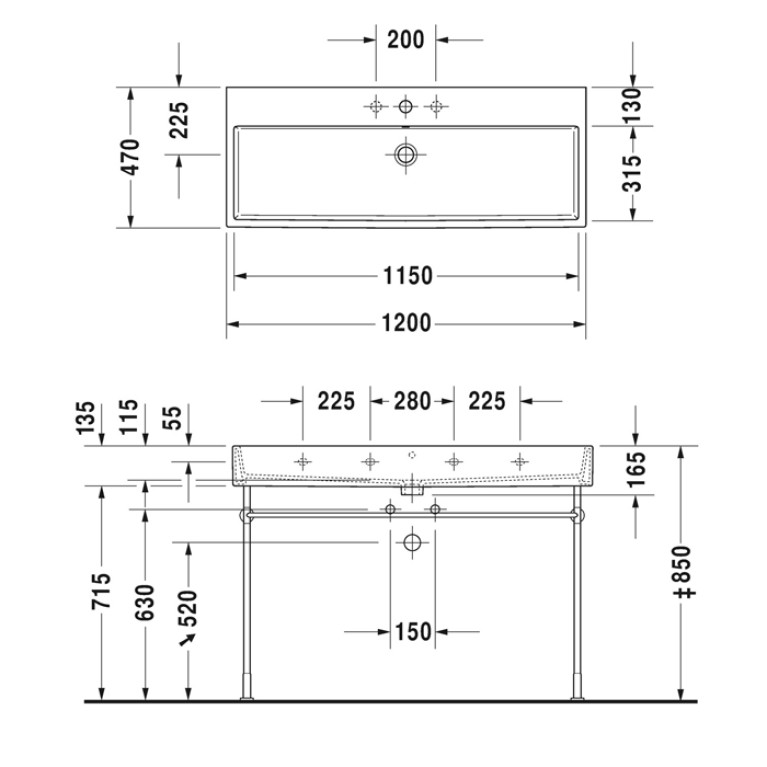 Duravit Vero Air Раковина 120 cm, с переливом, с площадкой, с 3 отв. под смеситель, Цвет белый