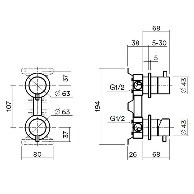 QuadroDesign IN047OR Встроенная часть для смесителя на 2 потока, Pink gold PVD