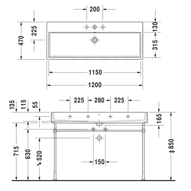 Duravit Vero Air Раковина 120 cm, без перелива, с площадкой, с 3 отв. под смеситель, на столешницу, Цвет белый