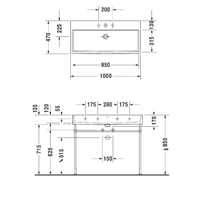 Duravit Vero Air Раковина 100cm,  с переливом, с площадкой,  c 2 отв. под смеситель, Цвет белый