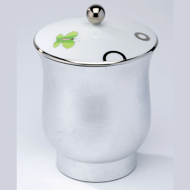 THG CAPUCINE VERT DECOR PLATINE Китайская лакированная коробка с белой керамической крышкой &Oslash;126 мм., middle size, декор платина/зеленый, цвет платина