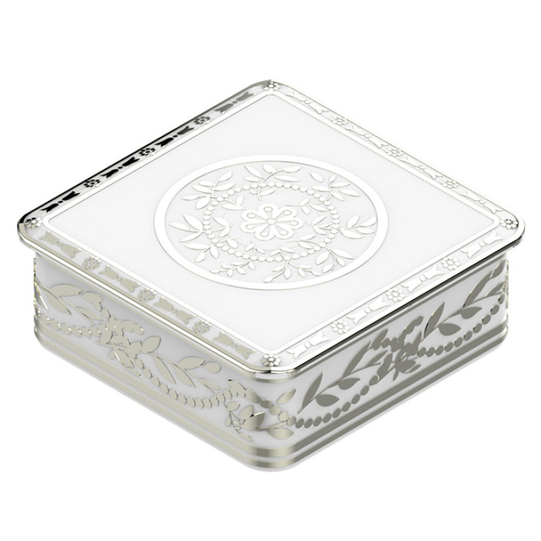 THG MARQUISE BLANC DECOR PLATINE Коробка для таблеток керамическая, квадратная 55х55 мм., настольная, декор платина, цвет белый