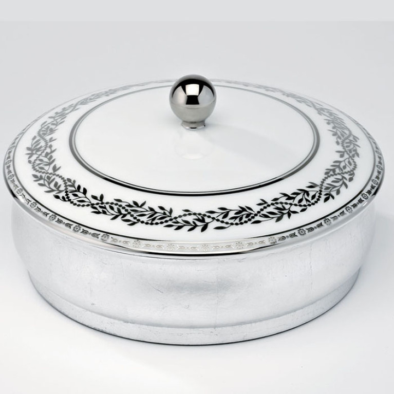 THG MARQUISE BLANC DECOR PLATINE Китайская лакированная коробка с белой керамической крышкой &Oslash;180 мм., big size, декор платина, цвет серебро