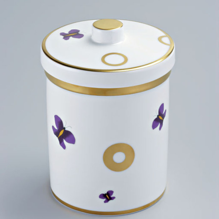 THG CAPUCINE MAUVE DECOR OR Банка керамическая с крышкой, настольная, декор золото/лиловый, цвет белый