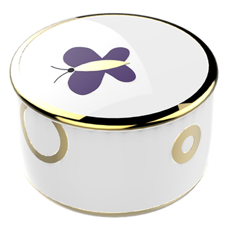 THG CAPUCINE MAUVE DECOR OR Коробка для таблеток керамическая, круглая &oslash;55 мм., настольная, декор золото/лиловый, цвет белый