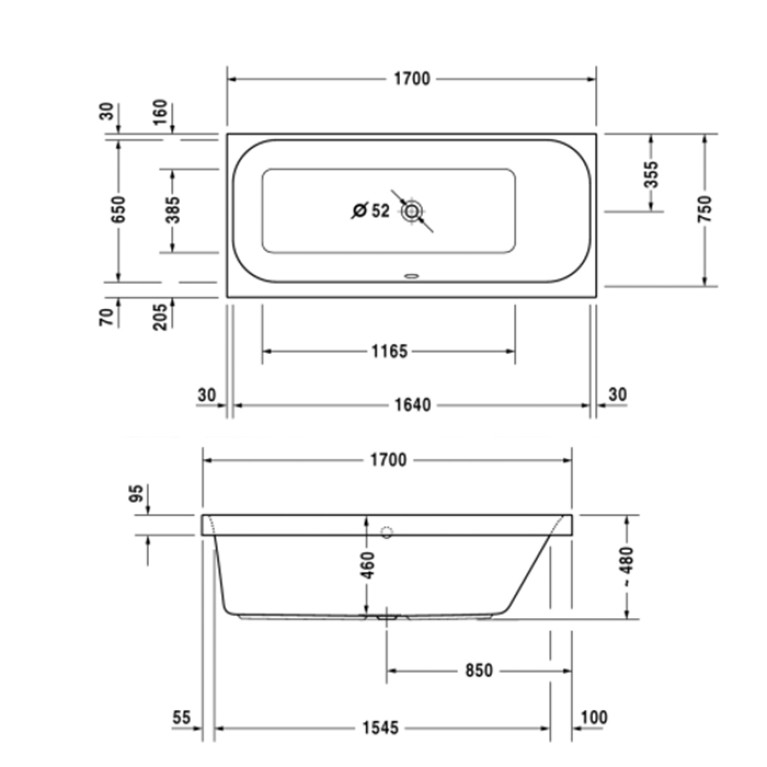 Duravit Happy D.2 Ванна акриловая  1700х750 мм, прямоугольная .встраиваемая  версия , с наклоном для  спины справа, цвет белый