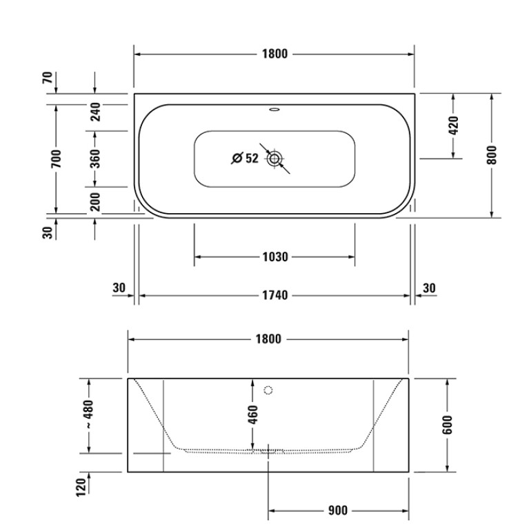Duravit Happy D.2 Plus Ванна акриловая 1800х800мм, пристенная, 2 наклона для спины, бесшовная акриловая  панель,ножки,  цвет: белый