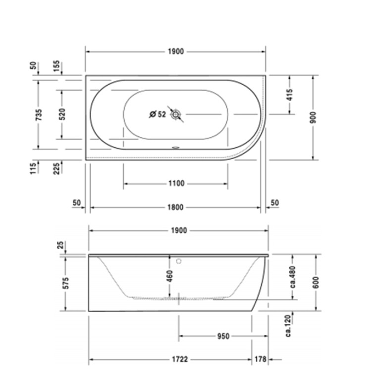 Duravit Darling New  Ванна 1900х900 мм, акриловая, угол слева, с панельюи ножками,с 2 наклонами для спины, цвет белый