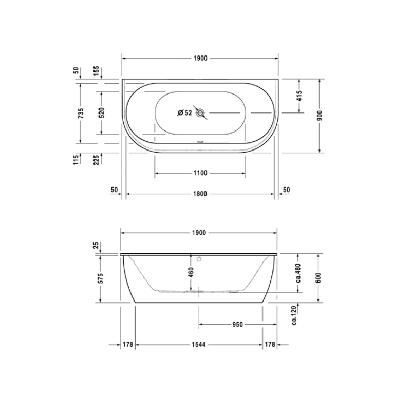 Duravit Darling New  Ванна 1900х900 мм, акриловая, пристенный вариант, с панельюи ножками,с 2 наклонами для спины, цвет белый