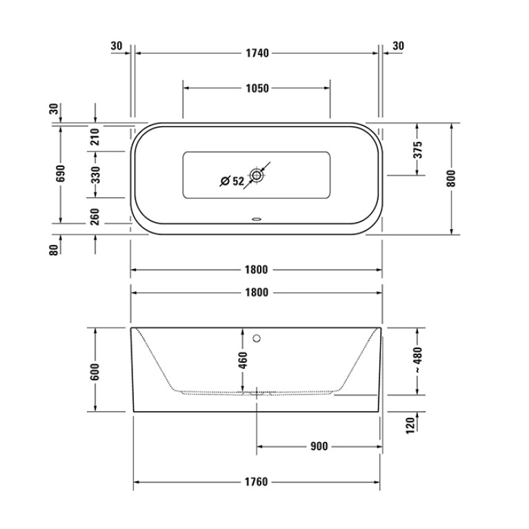 Duravit Happy D.2 Plus Ванна акриловая 1800х800мм, отдельностоящая, бесшовная панель,  цвет: graphite supermatt