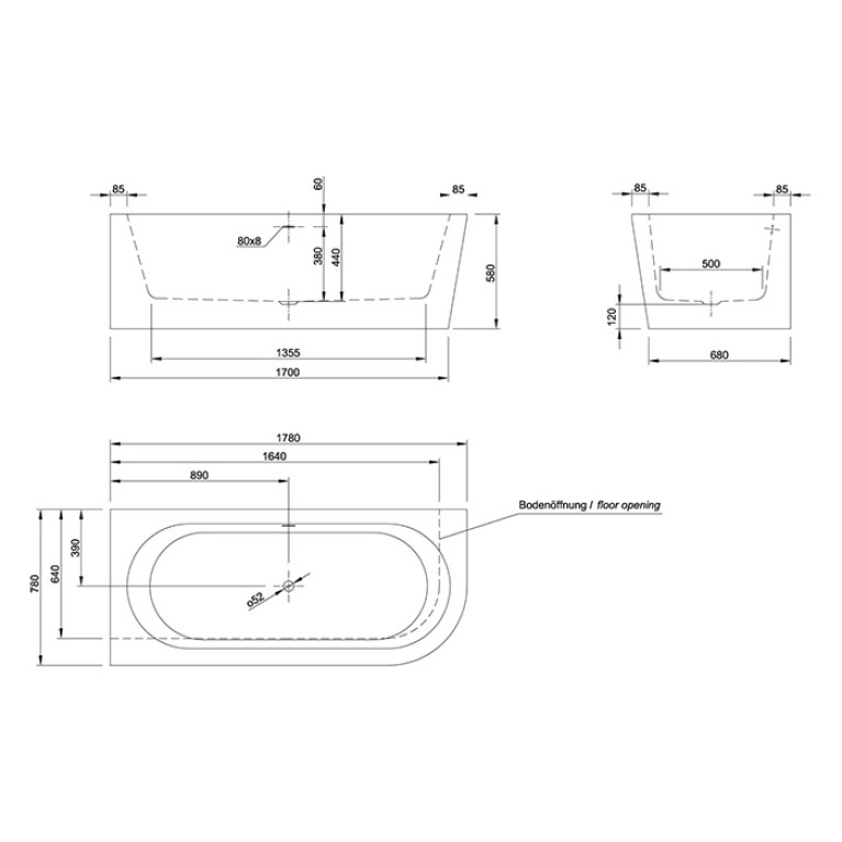KNIEF Wall Corner R Ванна в левый угол 180х80х60см, с компл. крепл.к стене, без сл-перелива, цвет бел(пр-ть со сливом 0100-091-07)