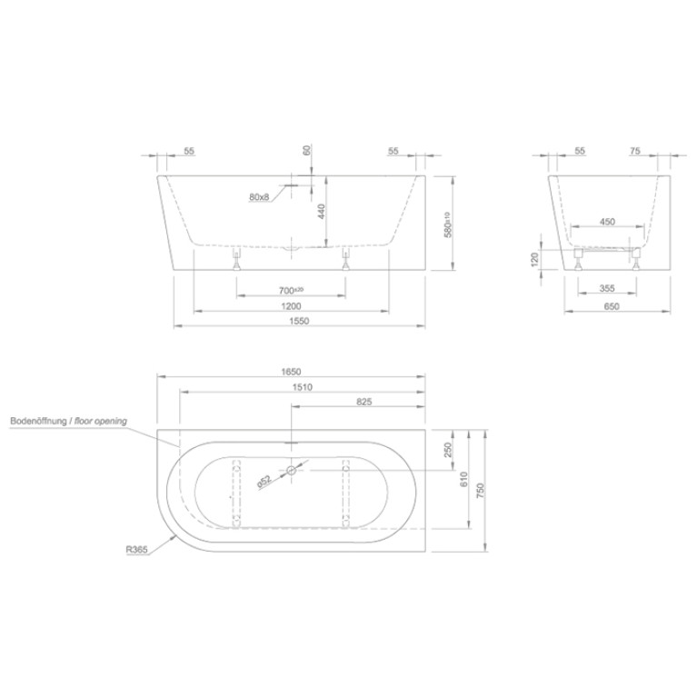 KNIEF WALL XS CORNER LEFT Ванна угловая 1650х750х580 мм., в правый угол, с интегрированной панелью, без слива-перелива, цвет белый
