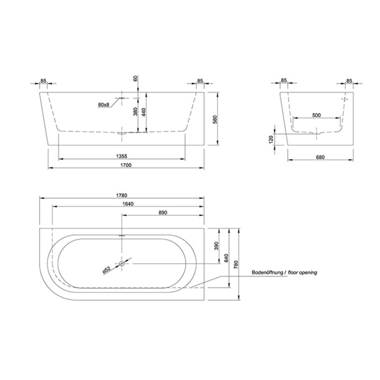 KNIEF Wall Corner L  Ванна 180х80х60см, с компл. крепл.к стене, без слива-перелива, цвет белый