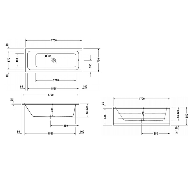 Duravit D-Code  Ванна акриловая прямоугольная 1700х700 мм см, встраиваемая, с 1 наклоном для спины, выпуск центральный , цвет белый