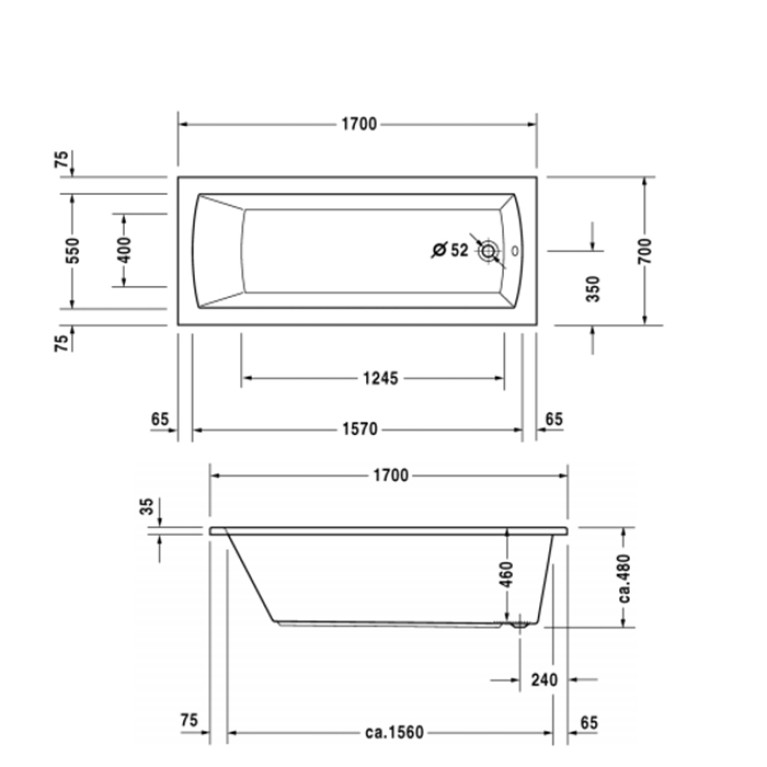 Duravit Daro  Ванна 1700х700 мм, акриловая, прямоугольная встраиваемая ,с наклоном для спины , цвет белый