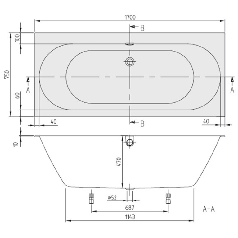 VilleroyBoch Oberon 2.0 Ванна встраиваемая 1700*750*485, слив по центру, в к-те ножки и слив-перелив хром, материал: Quaryl, цвет: альпийский белый