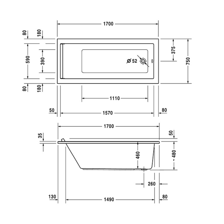 DURAVIT STARCK Ванна прямоугольная 1700x750 мм., встраиваемая, акрил, цвет белый