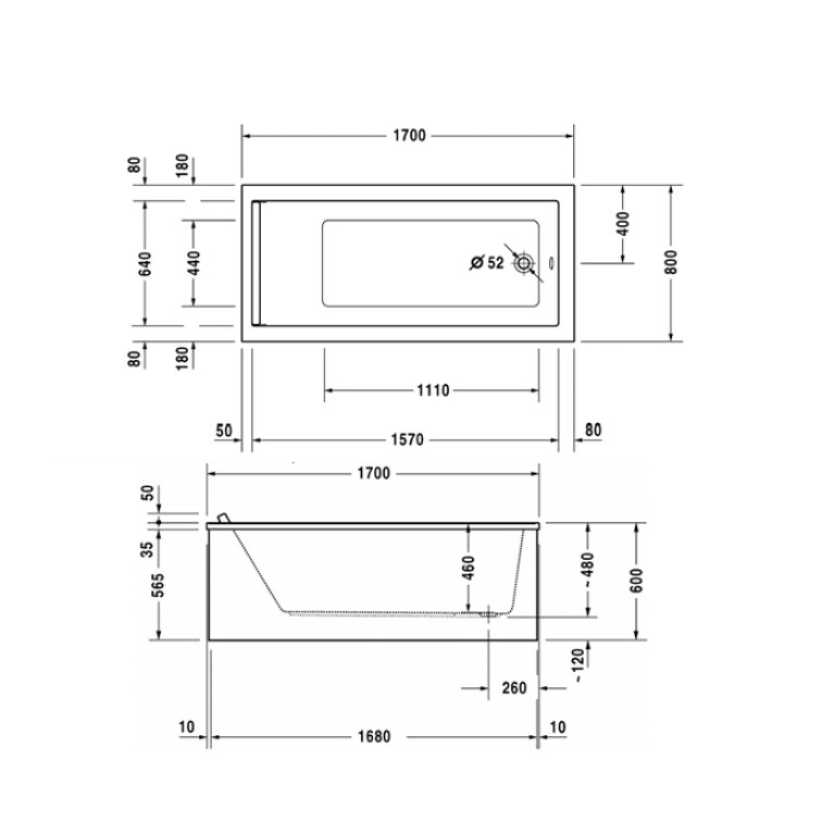 Duravit STARCK Ванна акриловая  прямоугольный вариант 1700x800х460 mm, встраиваемая или с панелями , с 1 наклоном  для спины ,  цвет белый