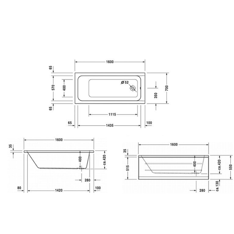 Duravit D-Code  Ванна акриловая 1600х700 мм см, встраиваемая, с 1 наклоном для спины, выпуск в зоне ног, цвет белый