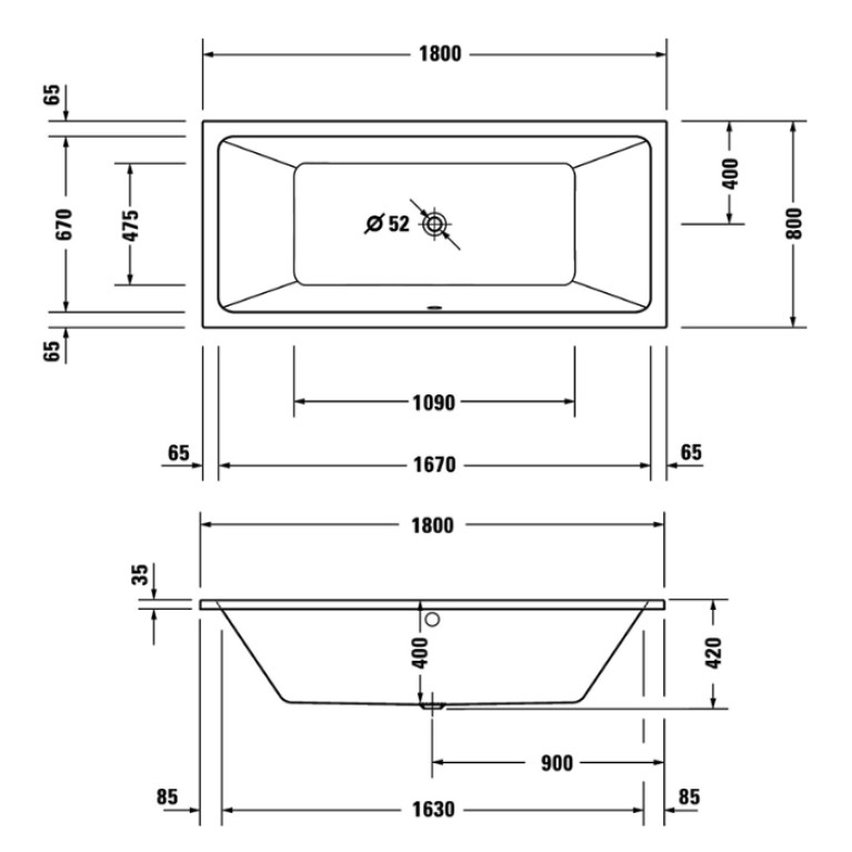 Duravit D.1 Ванна прямоугольная, встроенная, с двумя наклонами спинки, санитарный акрил (Спец.цена из наличия)