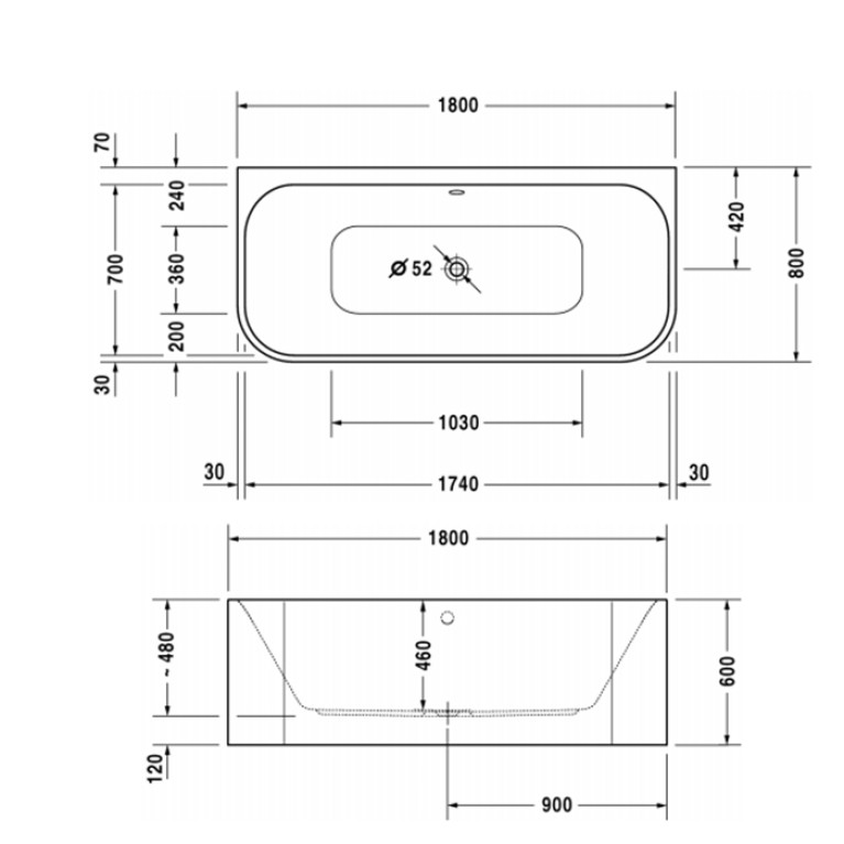 DURAVIT Happy D2 Ванна 1800х800 мм, пристенный вариант с двумя наклонами для спины, с интегр акрилов панелью  и ножками, цвет белый