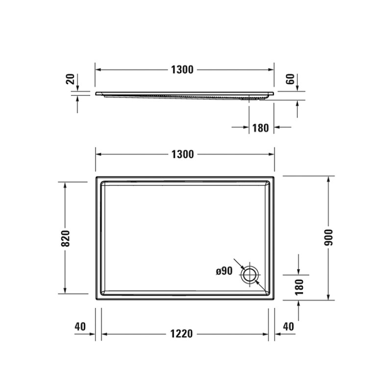 Duravit Starck Slimline Поддон акриловый  прямоугольный  1300х900х55 mm, d90, цвет белый