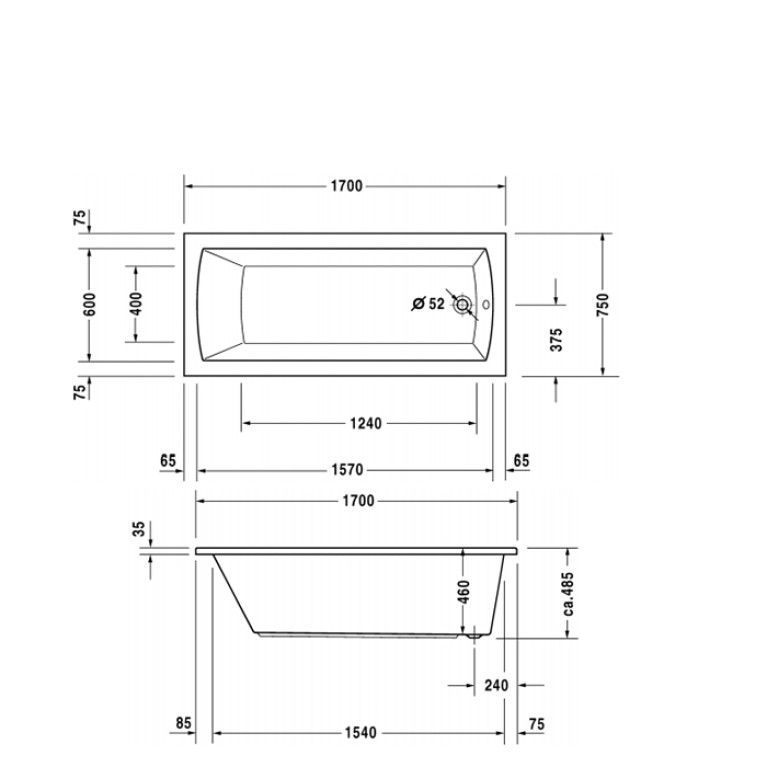 Duravit Daro  Ванна 1700х750 мм, акриловая, прямоугольная встраиваемая ,с наклоном для спины , цвет белый