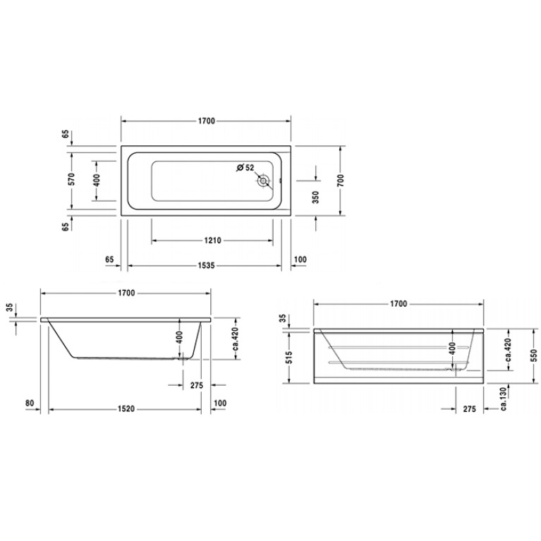 Duravit D-Code  Ванна акриловая 1700х700 мм см, встраиваемая, с 1 наклоном для спины, выпуск в зоне ног, цвет белый (Спец.цена из наличия)