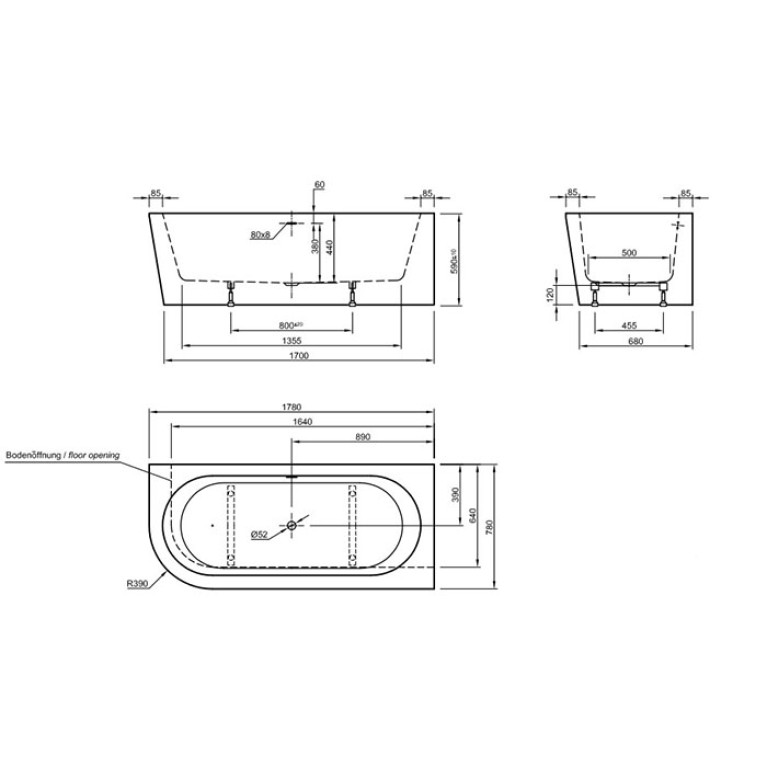 KNIEF Wall Corner L Ванна в правый угол 180х80х60см, с щел. переливом,сливной клапан черный матовый, ванна цвет белый глянцевый