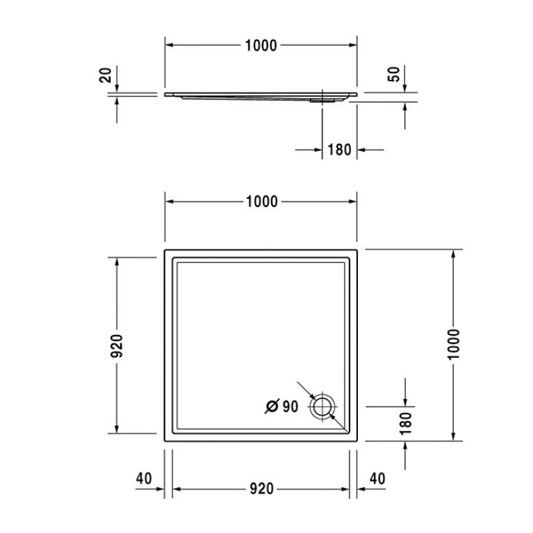 Duravit  Starck Slimline Поддон акриловый квадратный  1000x1000х50mm, d90, цвет белый