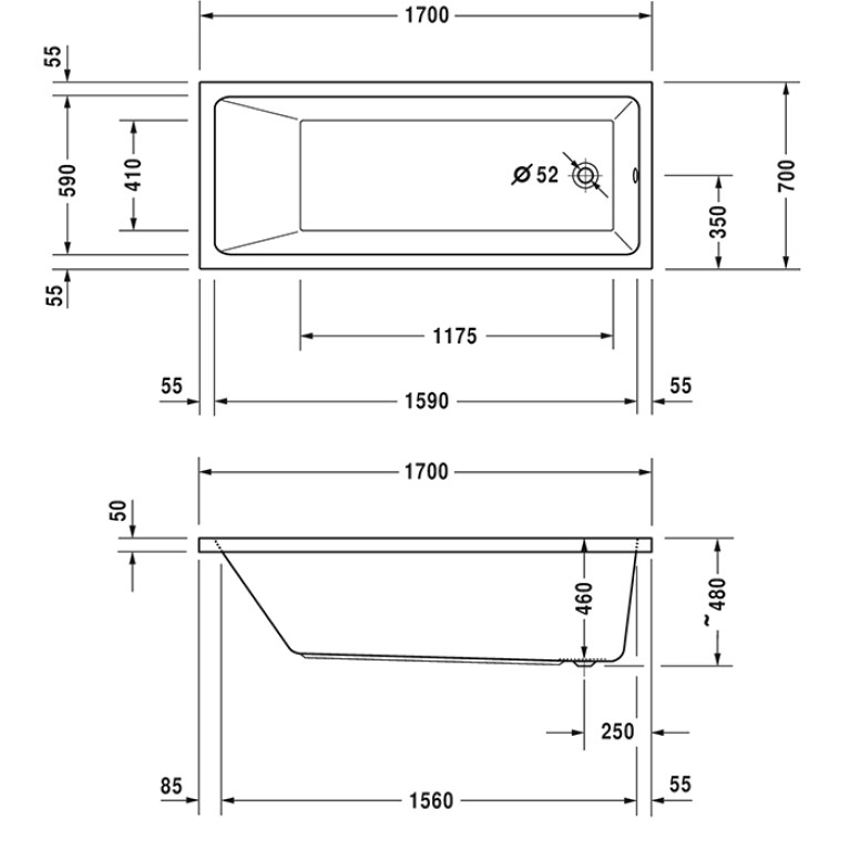 Duravit Vero Air Ванна  акриловая 1700x700мм, встраиваемая , с 1 наклоном для спины, цвет белый