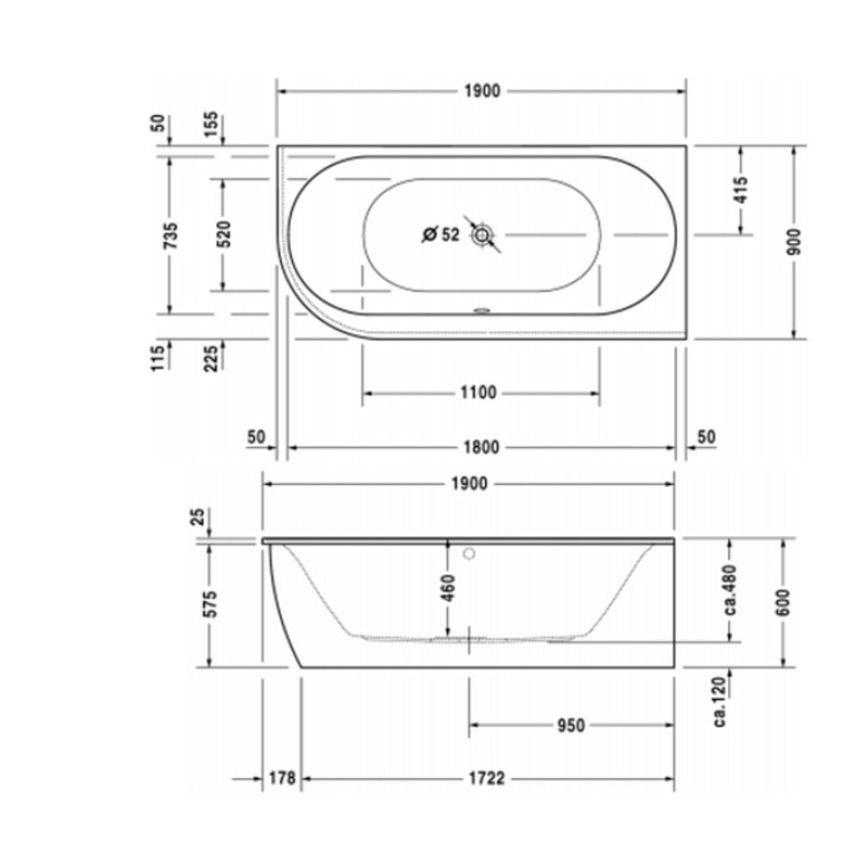 Duravit Darling New  Ванна 1900х900 мм, акриловая, угол справа, с панельюи ножками,с 2 наклонами для спины, цвет белый