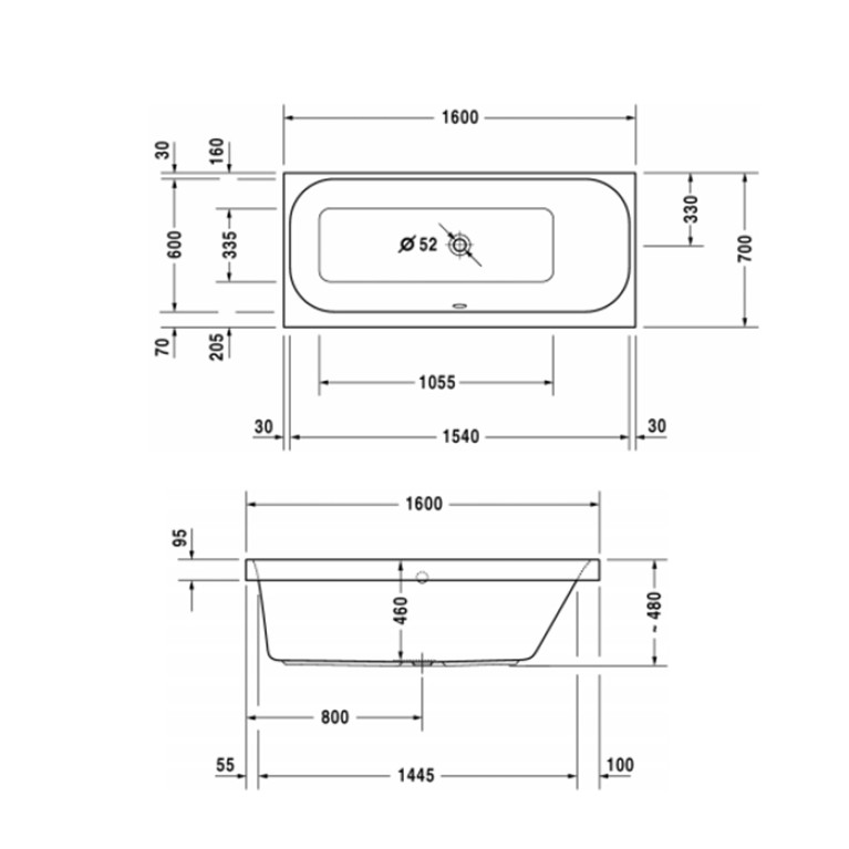 Duravit Happy D.2 Ванна акриловая  1600х700 мм, прямоугольная .встраиваемая  версия , с наклоном для  спины справа, цвет белый