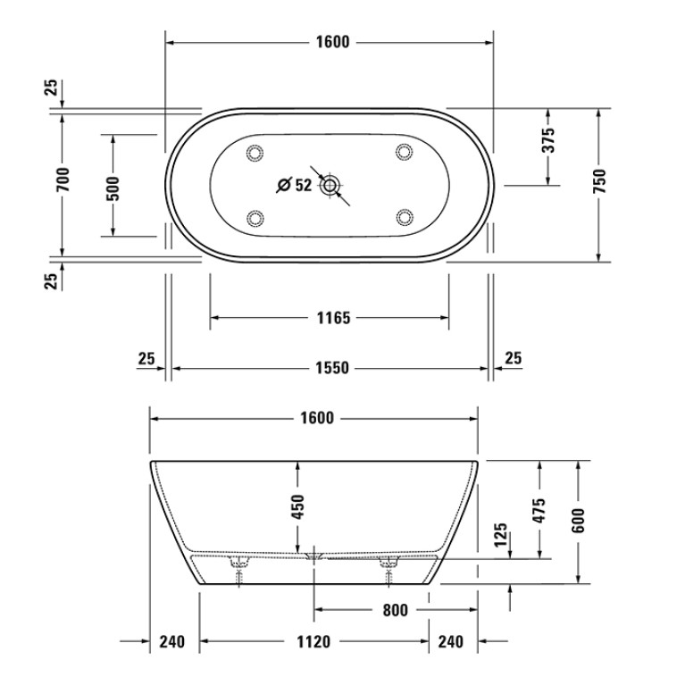 Duravit D-Neo Ванна из DuraSolid 1600х750хh600 мм , отдельностоящая,  со сливом (без перелива), без поручня, цвет белый