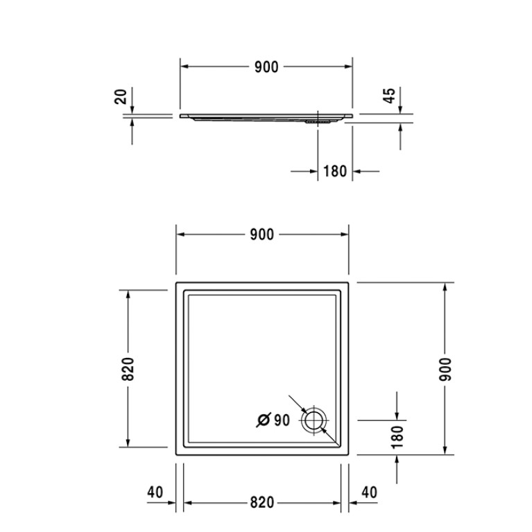 Duravit  Starck Slimline Поддон акриловый квадратный  900x900х45mm, d90, цвет белый