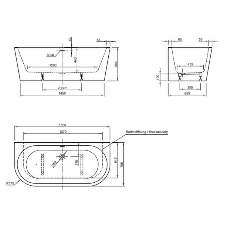 KNIEF Wall Corner Ванна пристенная 165x75*58xсм, с щелевым переливом, сливной клапан хром, ванна цвет белый глянцевый