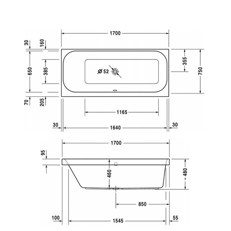 Duravit Happy D.2 Ванна акриловая  1700х750 мм, прямоугольная .встраиваемая  версия , с наклоном для  спины слева, цвет белый