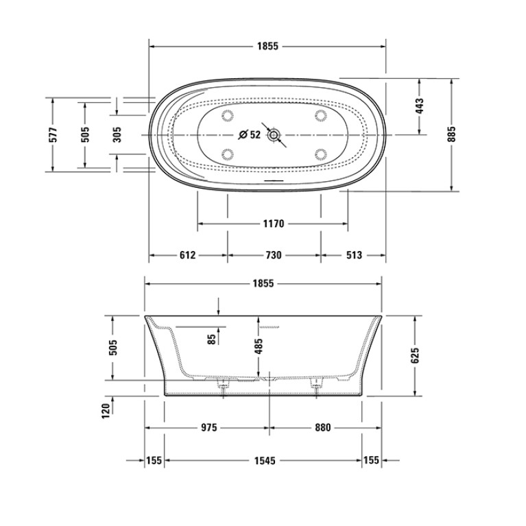 Duravit Cape Cod Ванна 1855х885 мм, отдельностоящая с бесшовной панелью и ножками с одним наклоном для спины со спец. сливом и перел. DURA SOLID A