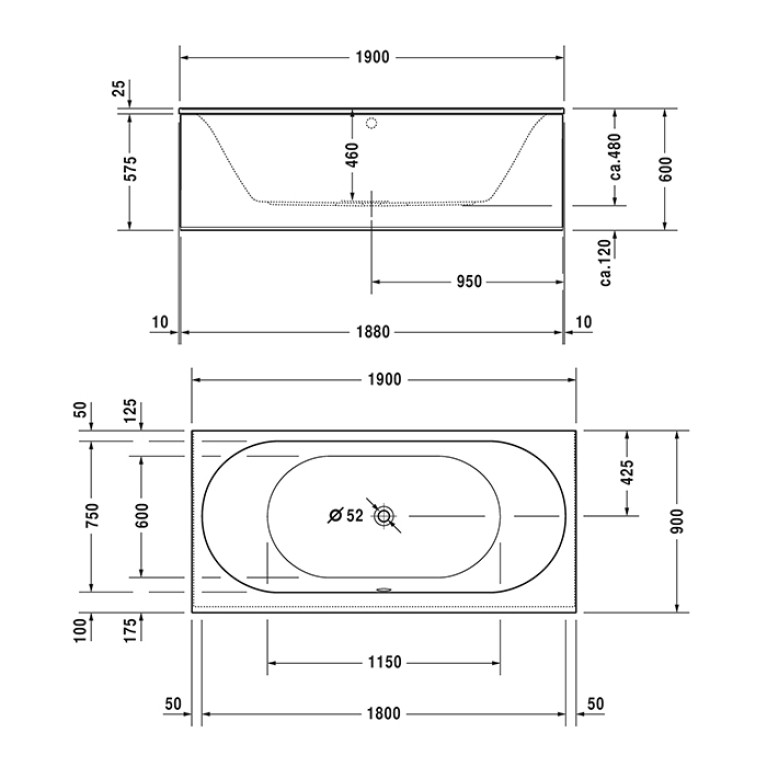 DURAVIT DARLING NEW Ванна прямоугольная 1900х900 мм., комплектация Combi-System L, акрил, цвет белый