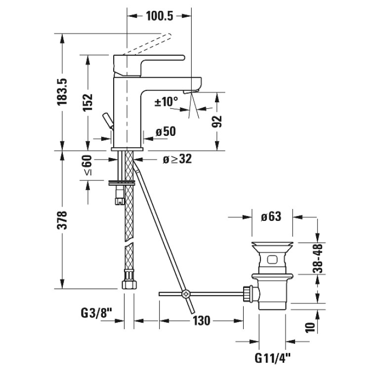 Duravit B.2 Смеситель для раковины с донным клапаном, на 1 отв., излив 101мм, h=152мм, цвет: хром